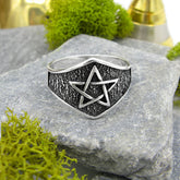 Pentagram Symbol Dark Textured Background On Crown-Like Oxidized Protection Wiccan Pagan Ring | Woot & Hammy